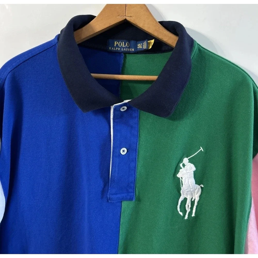 Ralph Lauren Polo Shirt Mens Blue Multicolor Color Blocked Big Pony #3 Sz 4XLT